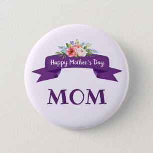 Happy Mother's Day Floral on Purple Ribbon Gift 6 Cm Round Badge