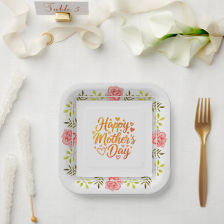Happy Mother's Day Floral Watercolor Pink Flower Paper Plate