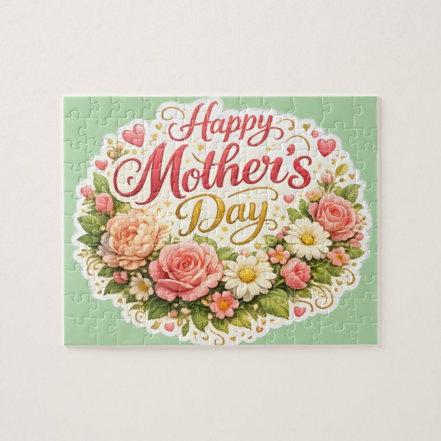 Happy Mother's Day floral wreath, Sage green jigsa Jigsaw Puzzle (Horizontal)