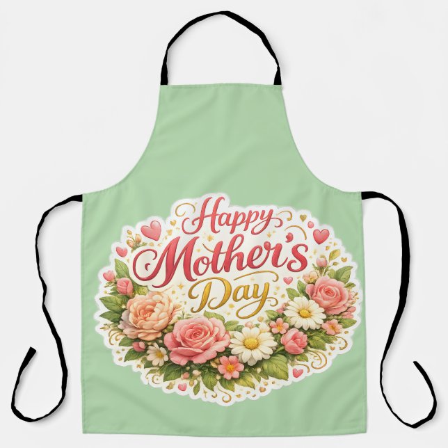 Happy Mother's Day floral wreath Sage green kitche Apron (Front)