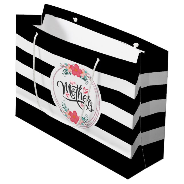Happy Mothers Day Floral Wreath Stripes Large Gift Bag (Front Angled)