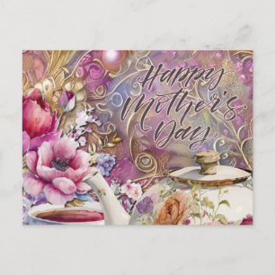 Happy Mother's Day Flowers and Tea Party Postcard