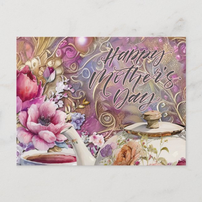 Happy Mother's Day Flowers and Tea Party Postcard (Front)