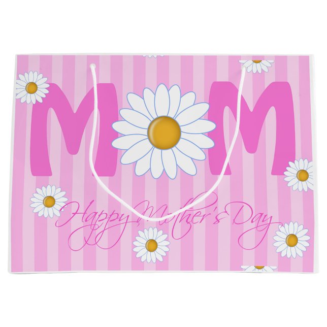 Happy Mother's Day Gift Bag (A vibrant gift bag featuring bold pink stripes and large daisies. )