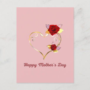 Happy Mother's Day Gold Heart and Red Roses Postcard