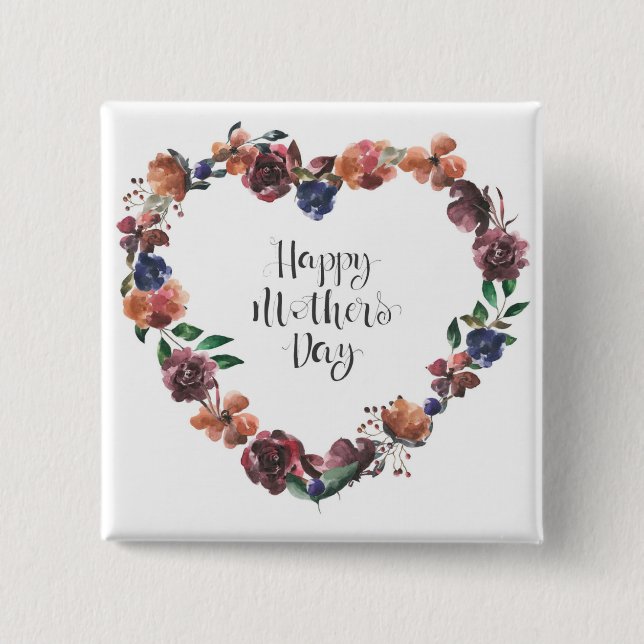 Happy Mother's Day Heart Floral Flowers Script 15 Cm Square Badge (Front)