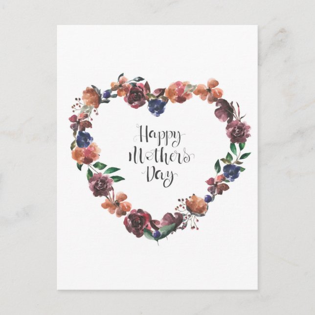 Happy Mother's Day Heart Floral Flowers Script Postcard (Front)