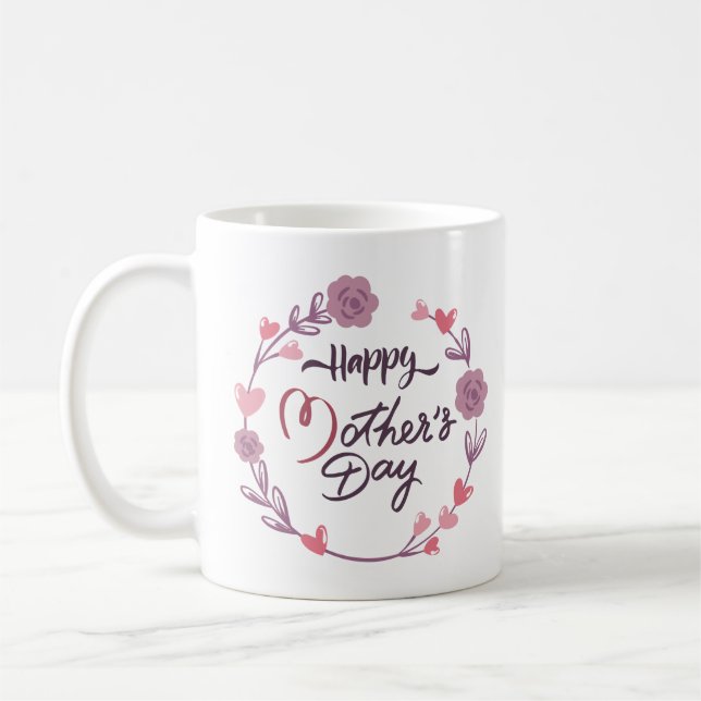 Happy Mother's Day Hearts Floral Wreath Bouquet Coffee Mug (Left)