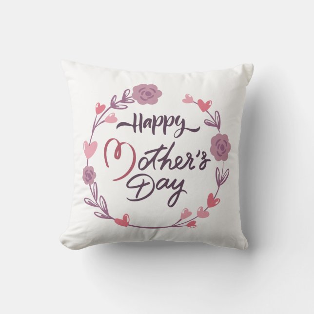 Happy Mother's Day Hearts Floral Wreath Bouquet Cushion (Front)
