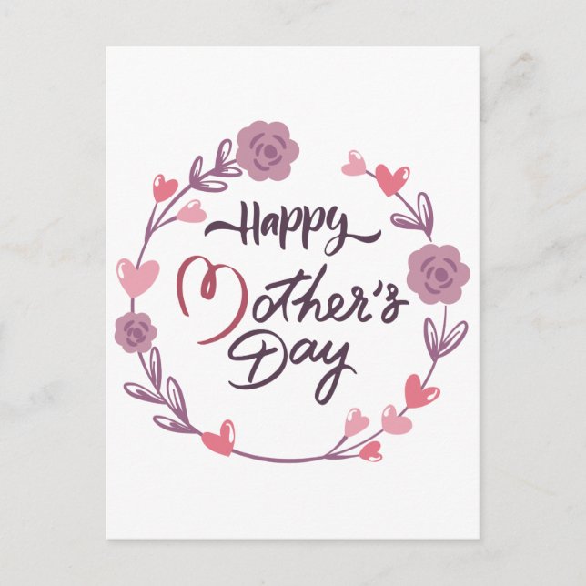 Happy Mother's Day Hearts Floral Wreath Bouquet Postcard (Front)