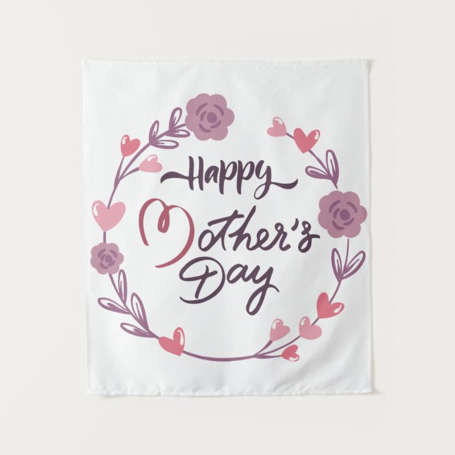 Happy Mother's Day Hearts Floral Wreath Bouquet Tapestry (Front)