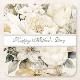 Happy Mother's Day Ivory cream Floral script Square Paper Coaster