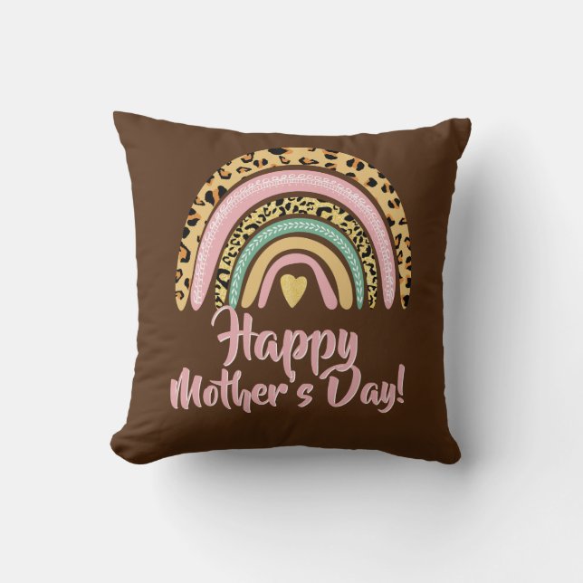 Happy Mothers Day Leopard Print Pink Rainbow Heart Cushion (Front)
