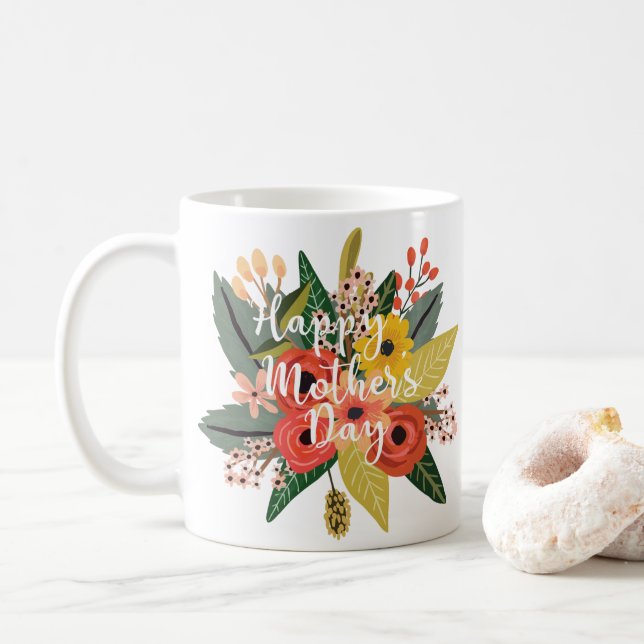Happy Mother's Day Modern Colourful Floral Script Coffee Mug (With Donut)