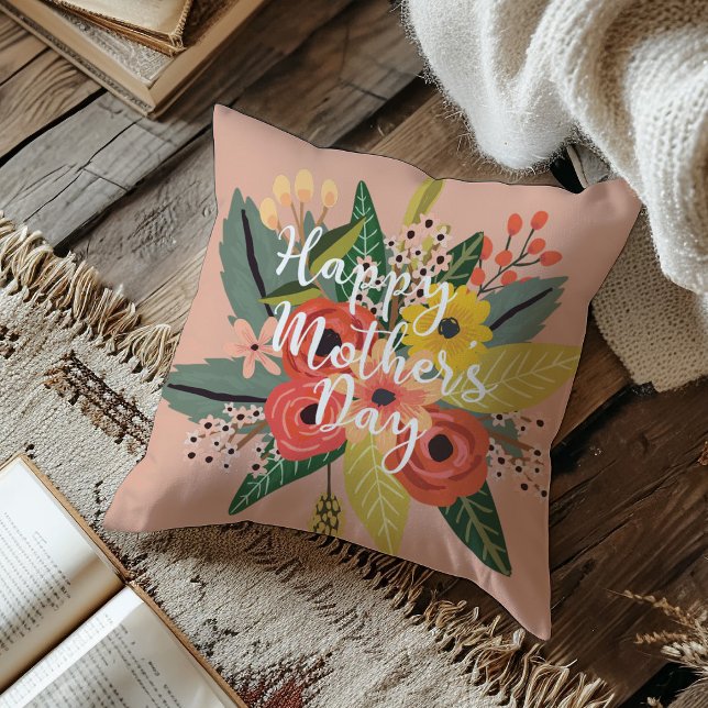 Happy Mother's Day Modern Colourful Floral Script Cushion (Creator Uploaded)