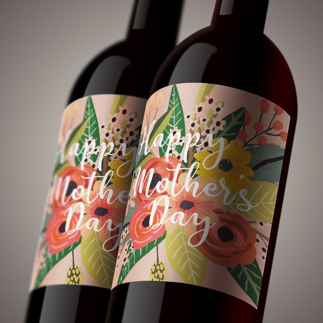 Happy Mother's Day Modern Colourful Floral Script Wine Label (Creator Uploaded)