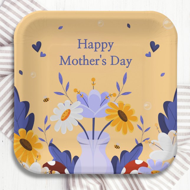 Happy Mother's Day Modern Flowers Floral Botanical Paper Plate (Creator Uploaded)