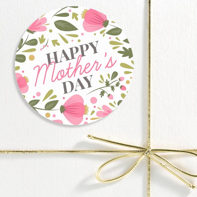 Happy Mother's Day Modern Pink Floral Botanical Classic Round Sticker (Creator Uploaded)