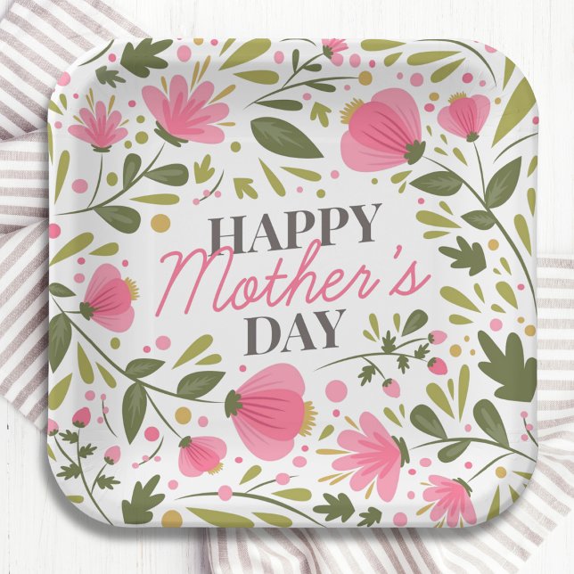 Happy Mother's Day Modern Pink Floral Botanical Paper Plate (Creator Uploaded)