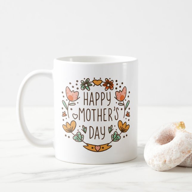 Happy Mothers Day Modern Typography Floral Wreath Coffee Mug (With Donut)