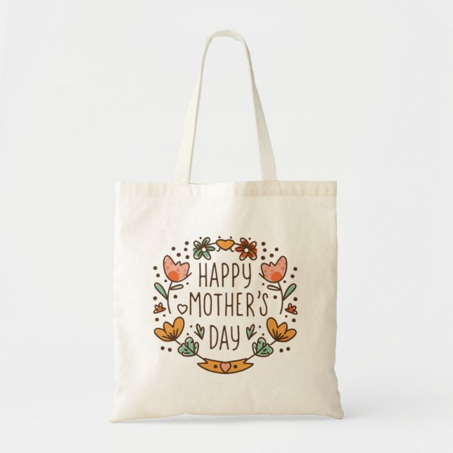 Happy Mothers Day Modern Typography Floral Wreath Tote Bag (Front)
