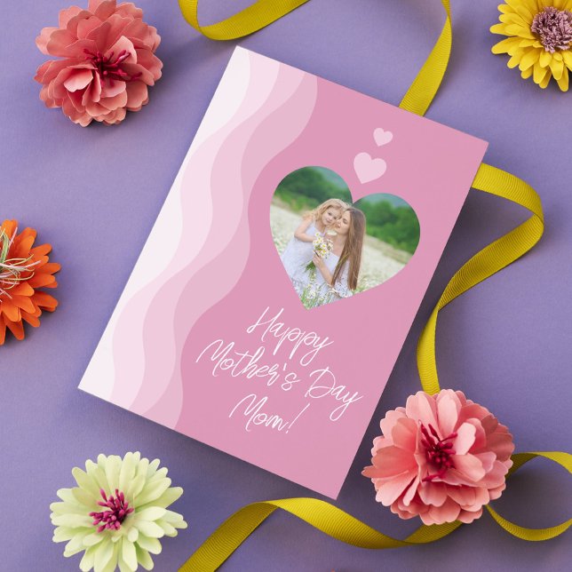 Happy Mother's Day MOM Modern Pink Heart Photo Holiday Card (Creator Uploaded)