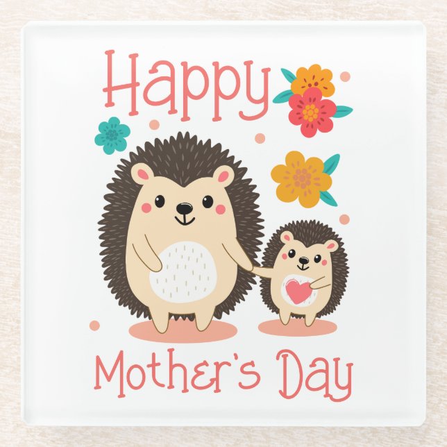 Happy Mother's Day Mum And Baby Hedgehog  Glass Coaster (Front)