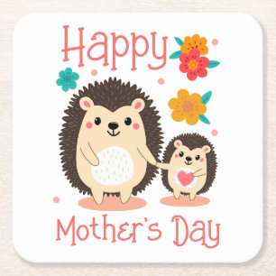 Happy Mother's Day Mum And Baby Hedgehog Square Paper Coaster