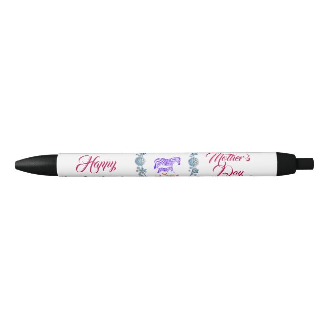 Happy Mother's Day Mum Baby Zebra Floral Border Black Ink Pen (Front)