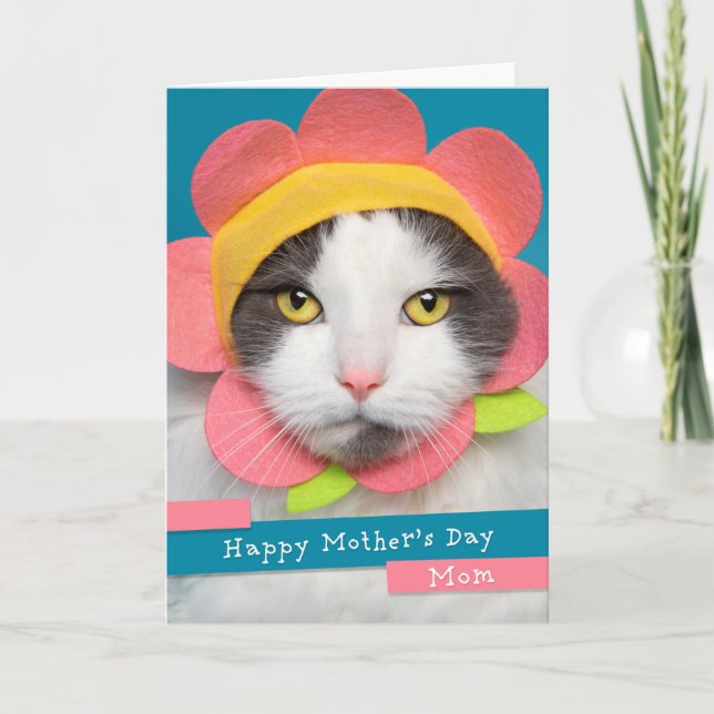 Happy Mother's Day Mum Cute Cat in Flower Hat Holiday Card (Front)