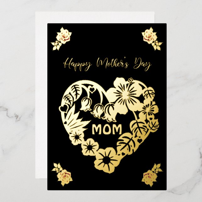 Happy Mother's Day Mum Gold Foil and Roses Holiday Card (Front/Back)
