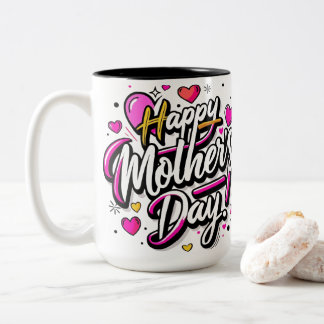 Happy Mother's Day Neon Pink Hearts - Modern Fun B Two-Tone Coffee Mug