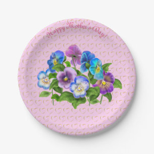 Happy Mother's Day Pansy Violet Flowers Watercolor Paper Plate