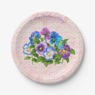 Happy Mother's Day Pansy Violet Flowers Watercolor Paper Plate