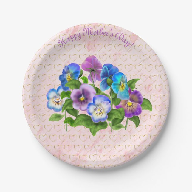 Happy Mother's Day Pansy Violet Flowers Watercolor Paper Plate (Front)