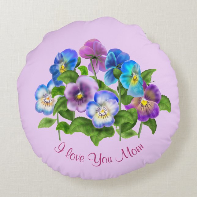 Happy Mother's Day Pansy Violet Flowers Watercolor Round Cushion (Back)