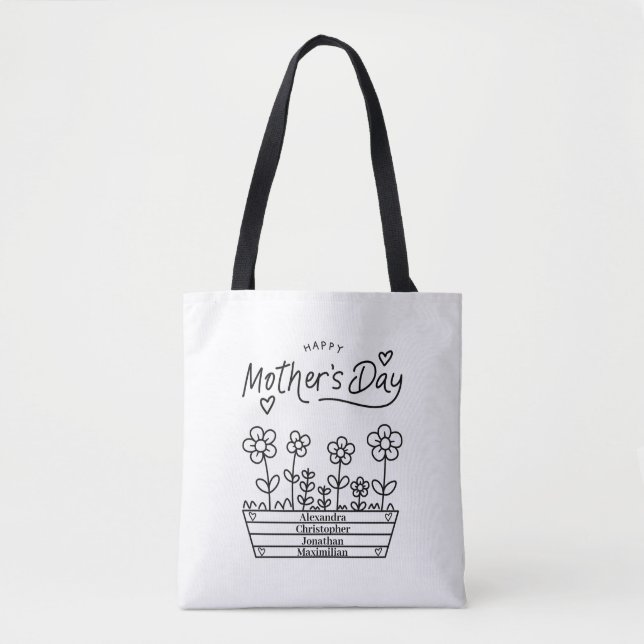 Happy Mother's Day Personalise Names Modern Black Tote Bag (Front)