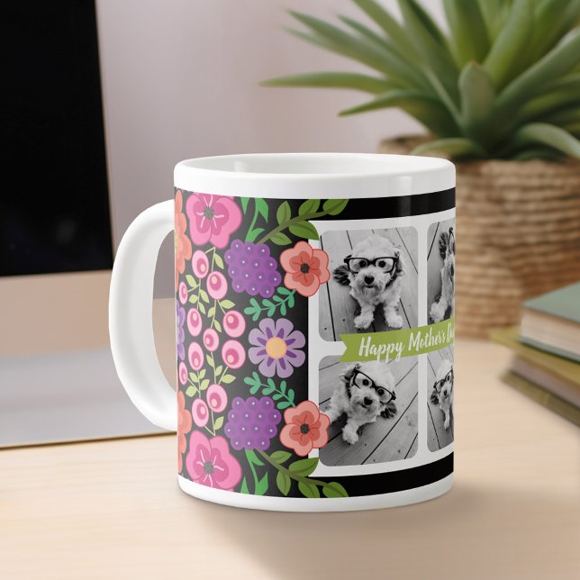 Happy Mother's Day Photo Collage - Girly Flowers Large Coffee Mug (Personalized mug)