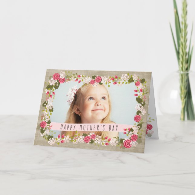 Happy Mother's Day Photo Floral Burlap Card (Front)
