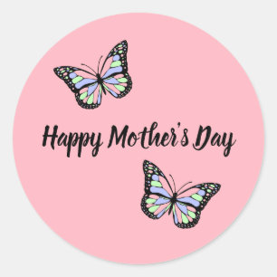 Happy Mother's Day Pink and Black Butterflies Classic Round Sticker