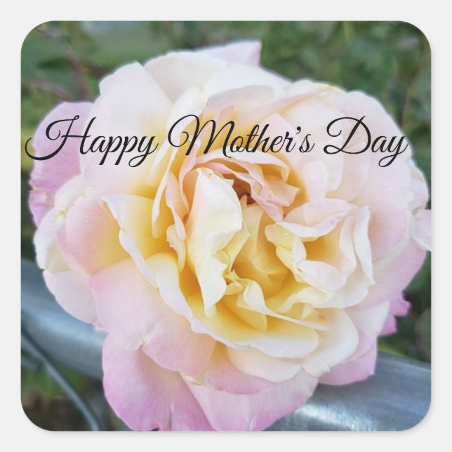 Happy Mother's Day Pink and Yellow Rose Photo Square Sticker (Front)