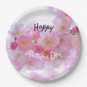 Happy Mothers Day Pink Cherry Tree Paper Plate