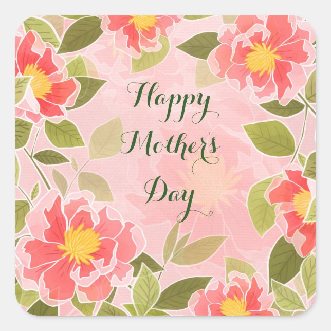 Happy Mother's Day, pink floral design Square Sticker (Front)