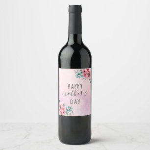 Happy Mother's Day Pink Floral Watercolor Wine Label
