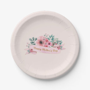Happy Mother's Day Pink Floral Watercolour Paper Plate