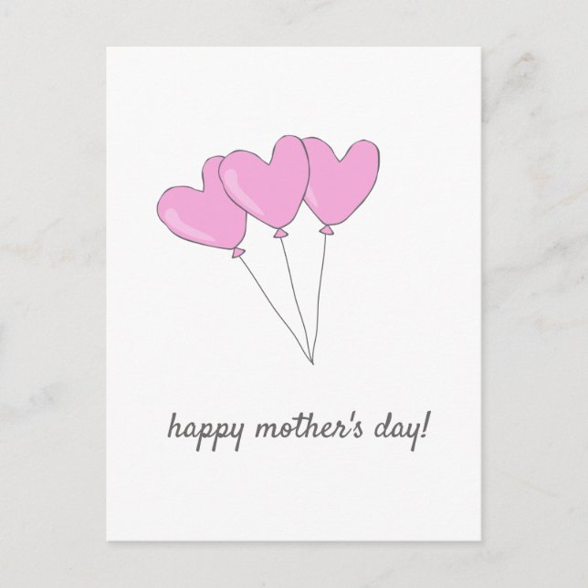 Happy Mother's Day Pink Heart Shaped Balloons Postcard (Front)