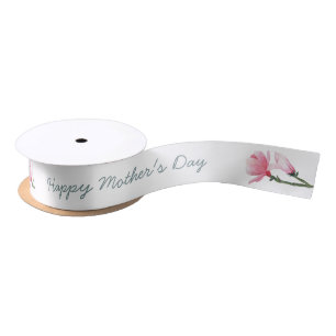 Happy Mothers Day - Pink Magnolia Flowers on White Satin Ribbon