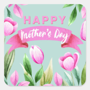 Happy mother's day pink tulips banner square sticker
