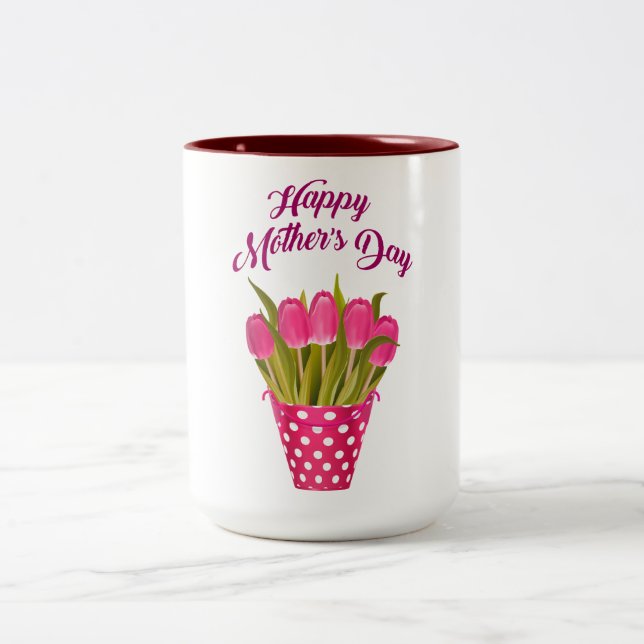 Happy Mother's Day Pink Tulips Two-Tone Coffee Mug (Center)