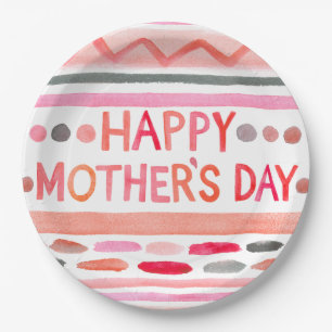 Happy Mother's Day Pink Watercolor Stripes Paper Plate